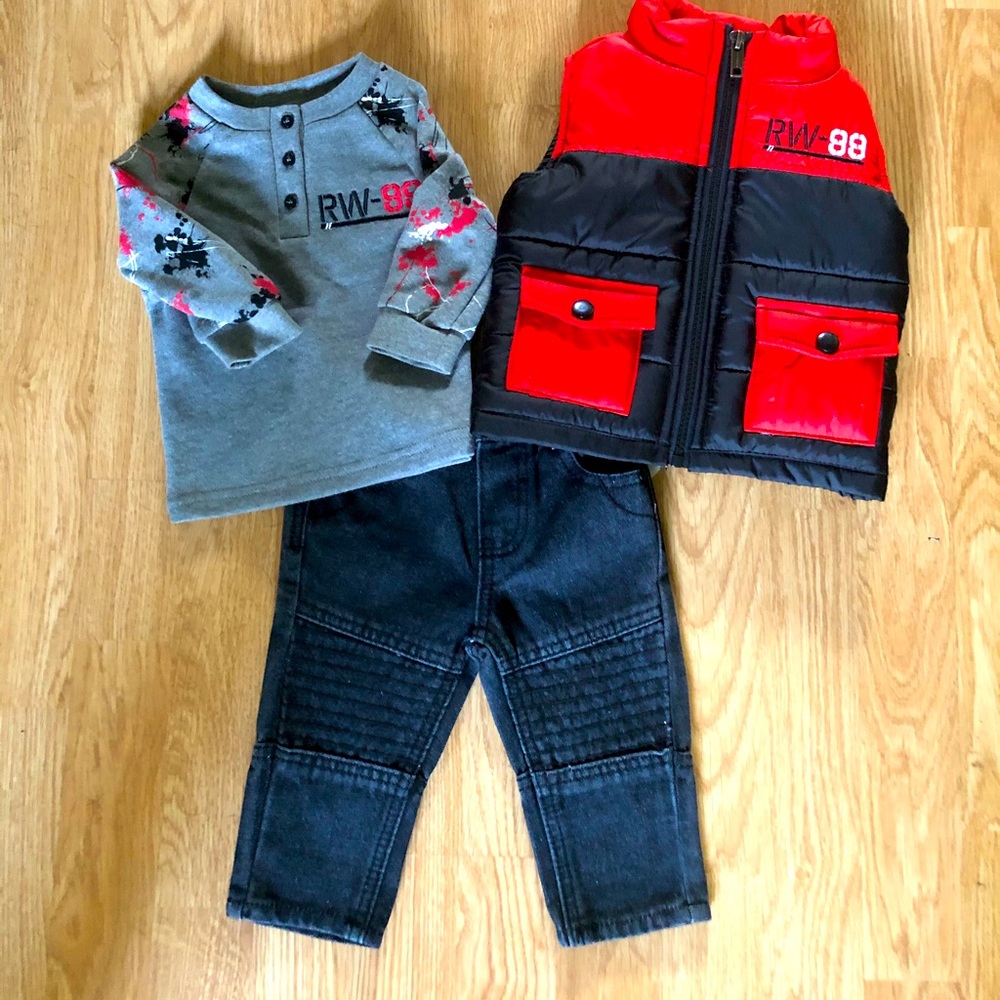 Rocawear Boys 3 Piece Shirt Puff Vest Jeans Set